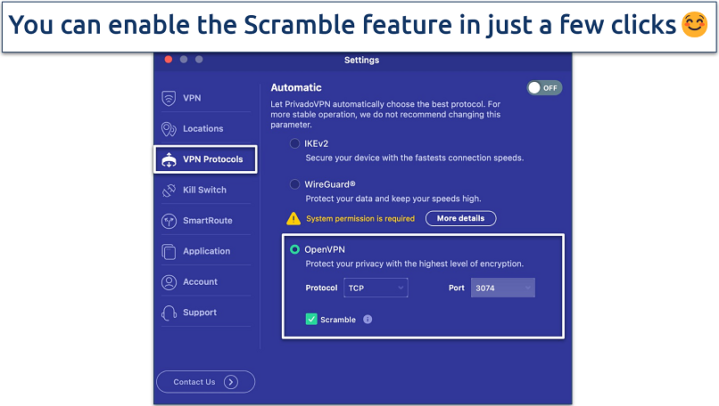 Screenshot showing how to enable PrivadoVPN's Scramble feature