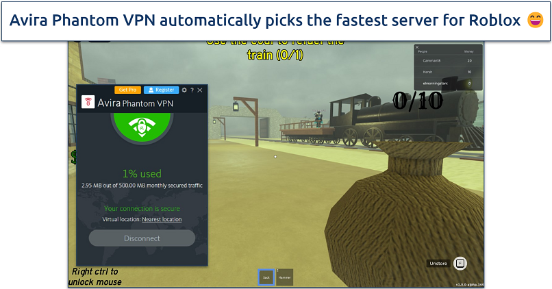 Screenshot showing Avira Phantom VPN interface connected to nearest server location while playing a Roblox game