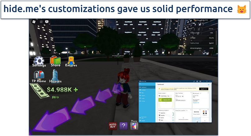 Screenshot of Roblox gameplay with hide.me connected