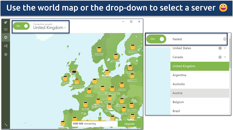 Screenshot of TunnelBear's free Windows VPN app showing server map and drop-down list