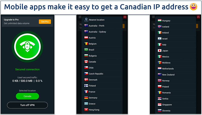 A screenshot showing that Avira Phantom VPN offers several free servers, including one in Canada