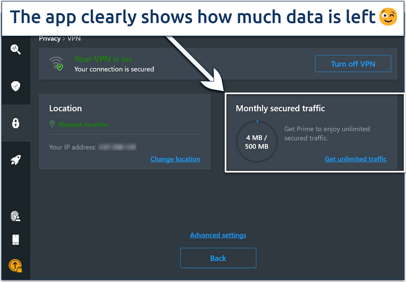 Screenshot of the Avira VPN Windows app with the Monthly secured traffic display