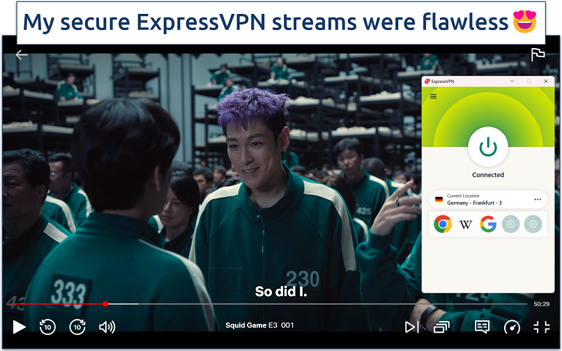 Screenshots of streaming Squid Game on Netflix with an active Connection to ExpressVPN's Frankfurt server