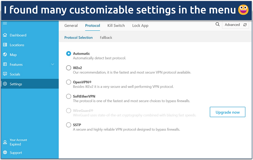 Screenshot of the Hide.me Windows app settings menu with the Protocol selection pane