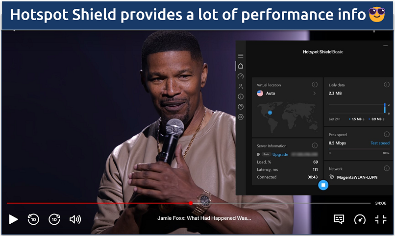 Screenshot of streaming Jamie Fox: What Had Happened Was... on Netflix while connected to Hotstpot Shield