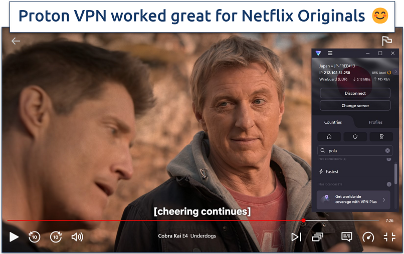 Screenshot of streaming Cobra Kai on Netflix while connected to Proton VPN's Japan Free server