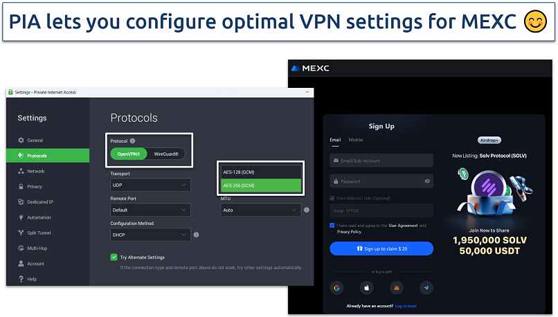 Screenshot showing MEXC registration with PIA enabled