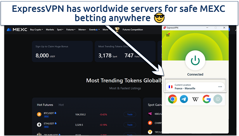 Screenshot showing MEXC site with ExpressVPN on a French server