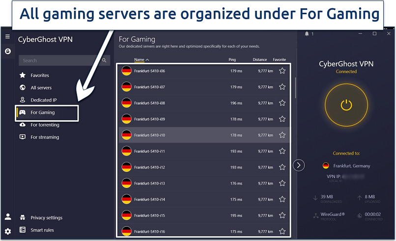Screenshot of the CyberGhost Windows app interface with its gaming servers listed
