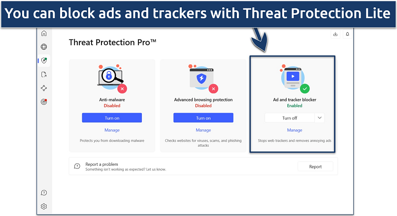 Screenshot of the NordVPN Windows app interface with its Threat Protection settings