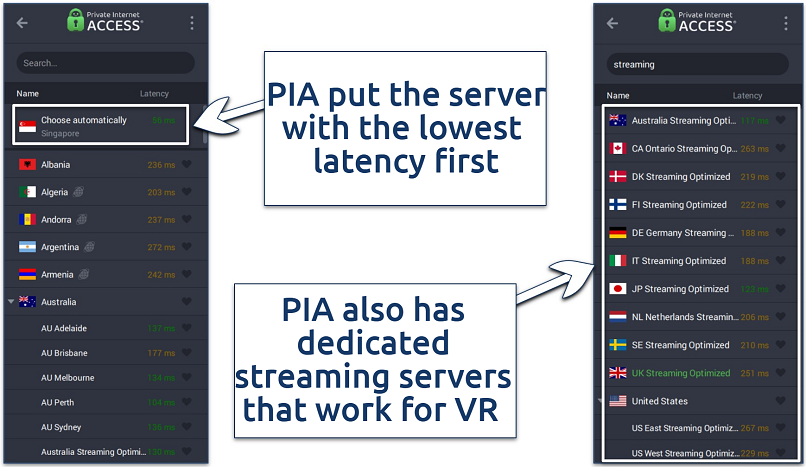 Screenshot of the PIA Windows app interface showing its server latency and streaming servers