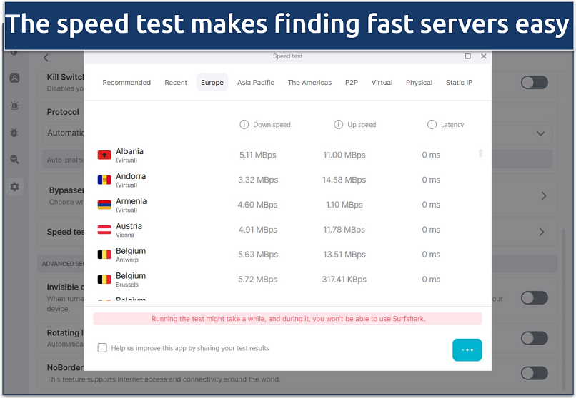 Screenshot of the Surfshark Windows app interface with its built-in speed test feature