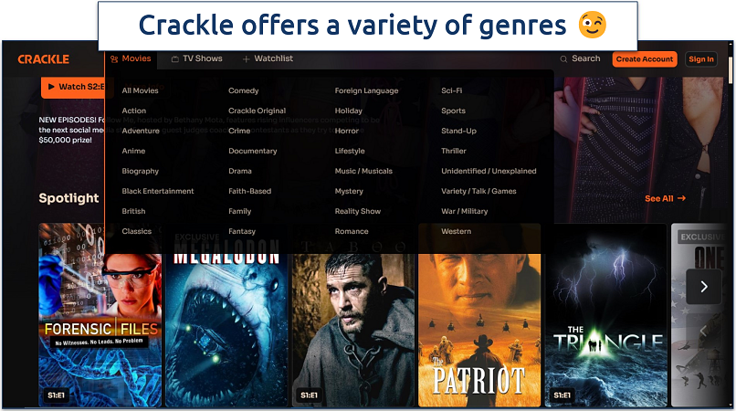 Screenshot of Crackle's homepage with movie categories