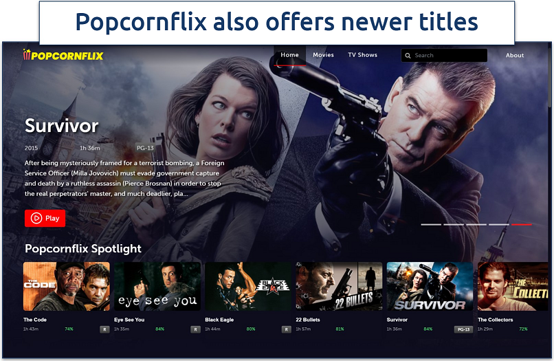 Screenshot of Popcornflix' homepage