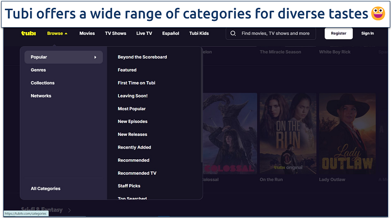 Screenshot of Tubi's homepage with the list of categories