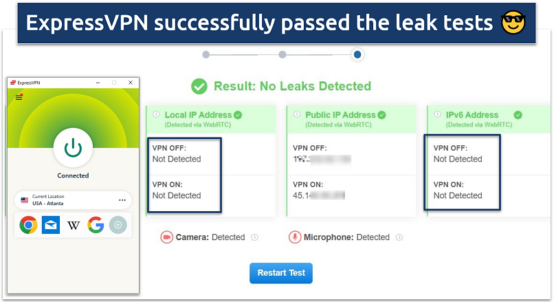 A screenshot showing leak test results with ExpressVPN connected