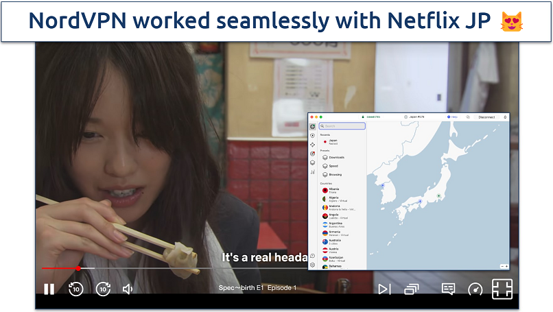 Screenshot of Netflix JP streaming with NordVPN connected 