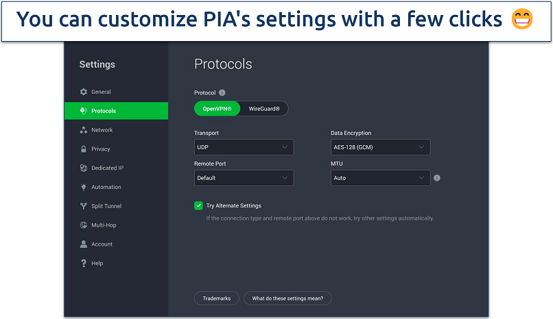 Screenshot of PIA's security features