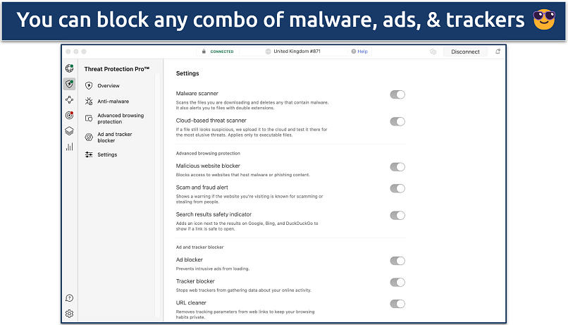 Screenshot of the Settings tab on NordVPN's Threat Protection Pro