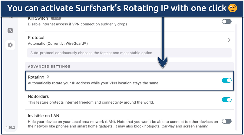 Screenshot showing how to activate Surfshark's Rotating IP feature