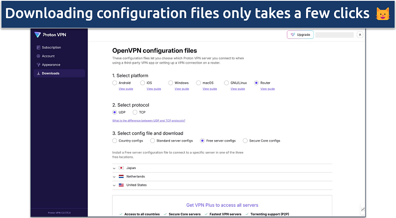 Screenshot of Proton VPN OpenVPN configuration files download page