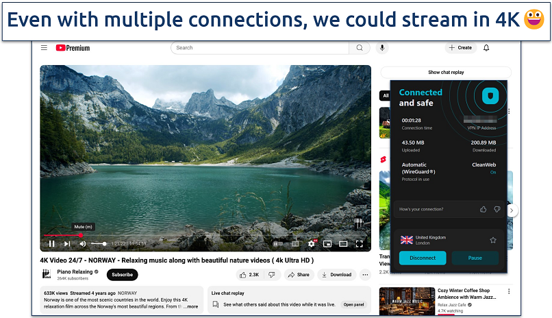 Screenshot of 4K YouTube streaming with Surfshark connected