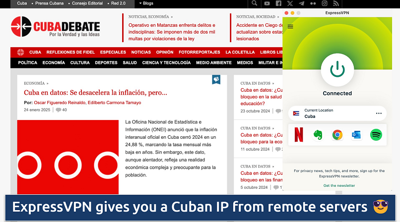 Screenshot of the ExpressVPN app connected to a Cuba server over a Cuban website