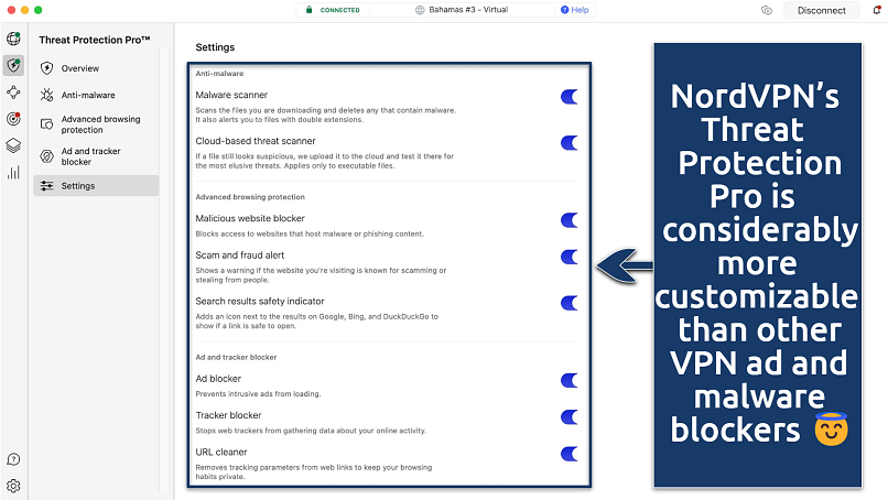 Screenshot of the Threat Protection Pro settings on the NordVPN app