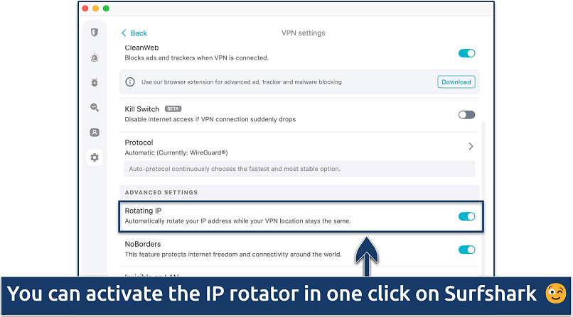 Screenshot of the Rotating IP option on the Surfshark settings menu