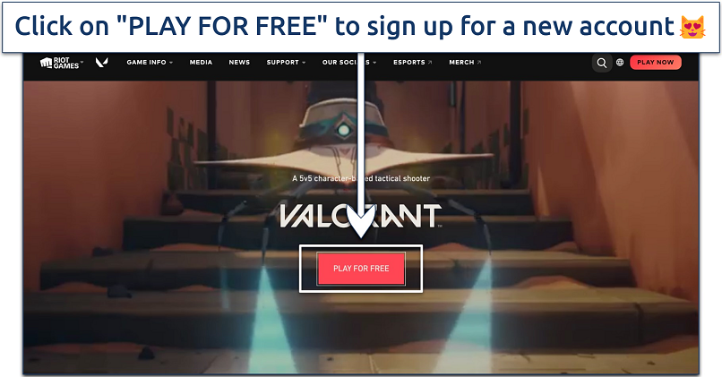 A screenshot showing the PLAY FOR FREE button on Valorant's website