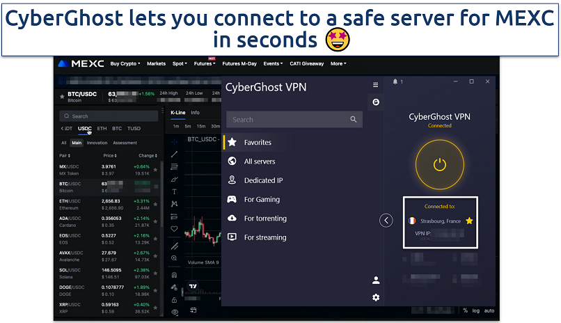 Picture showing MEXC trading with CyberGhost VPN