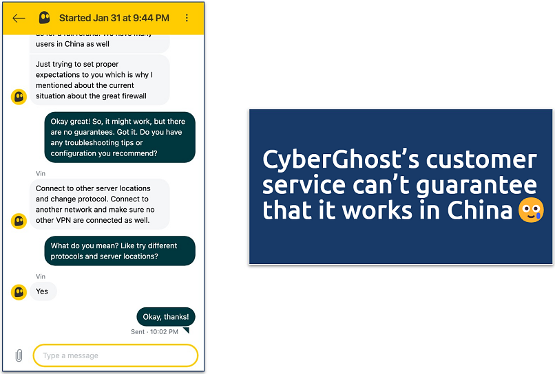 Screenshot of a chat with CyberGhost staff