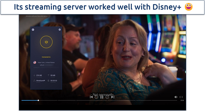 Screenshot of Disney+ streaming with CyberGhost connected