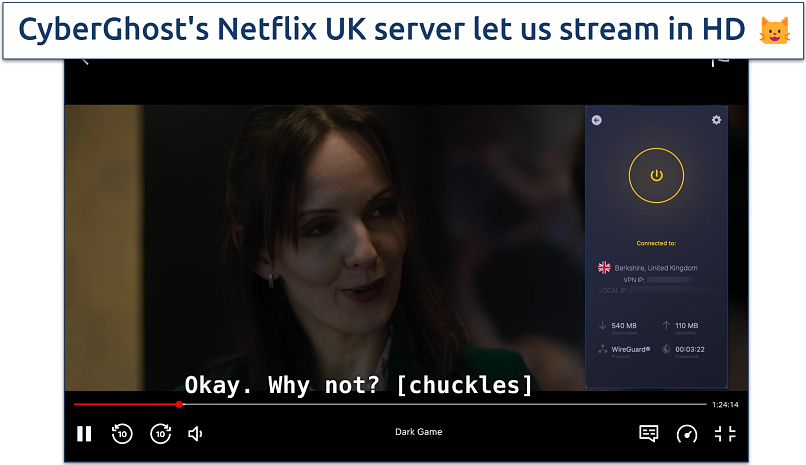 screenshot of Netflix UK streaming with CyberGhost connected