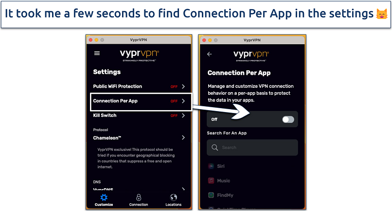 Screenshot of the Connection Per App settings in the VyprVPN app