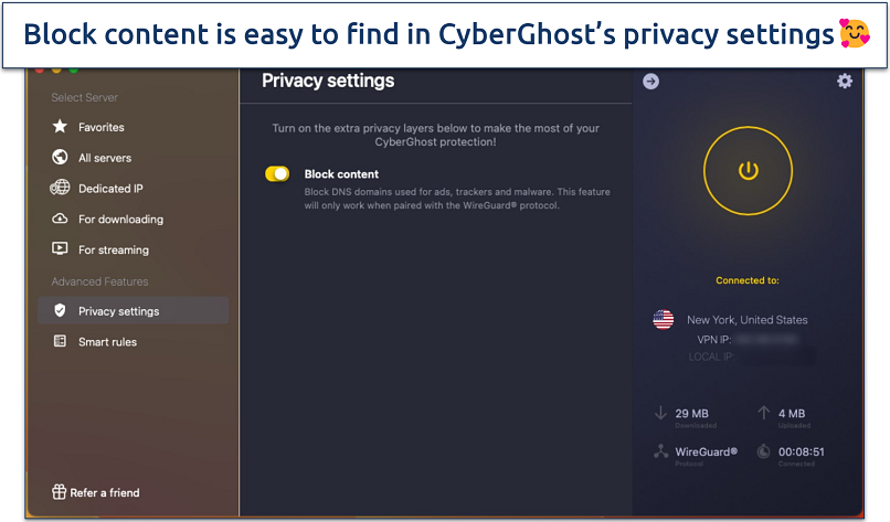 Screenshot of the privacy settings in the CyberGhost app with the Block content feature enabled