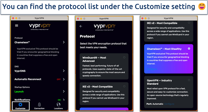 Screenshot of the protocol list in the VyprVPN app