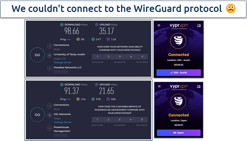 Screenshot of the speed test performed on VyprVPN's US and Japan servers