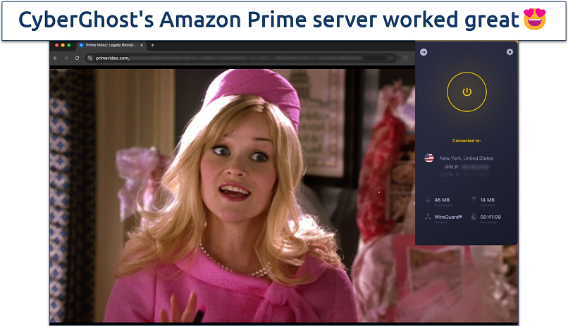 Screenshot of Amazon Prime streaming with the CyberGhost app in the background