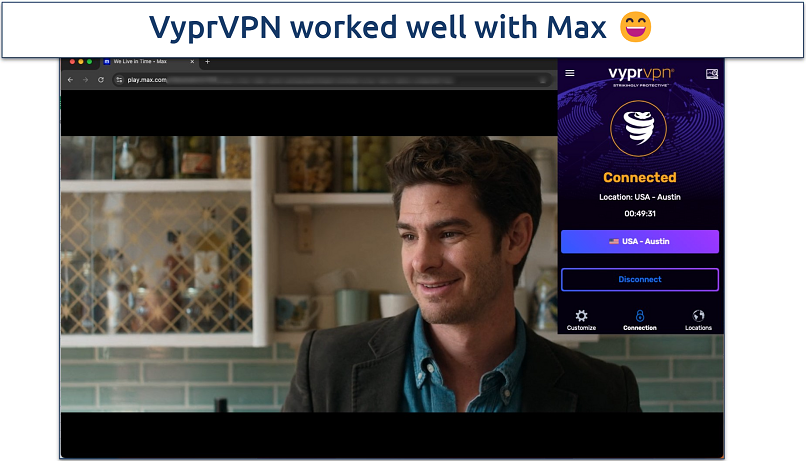 Screenshot of Max streaming with the VyprVPN app in the background