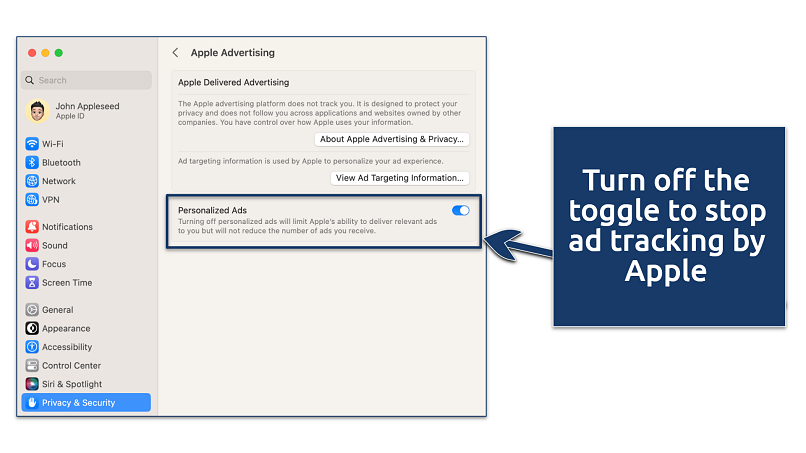 Screenshot of Apple's advertising settings