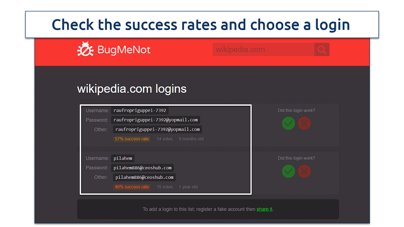 Screenshot of BugMeNot logins