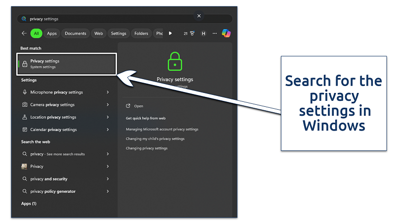 Screenshot of the Windows search looking for privacy settings
