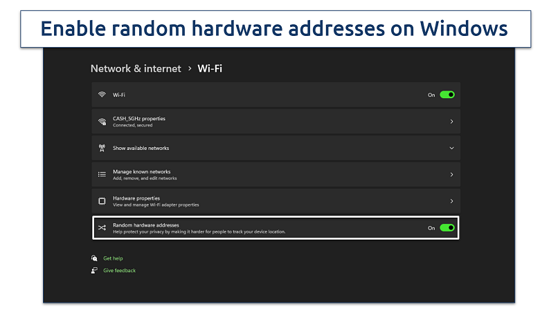 Screenshot of the Windows WiFi settings