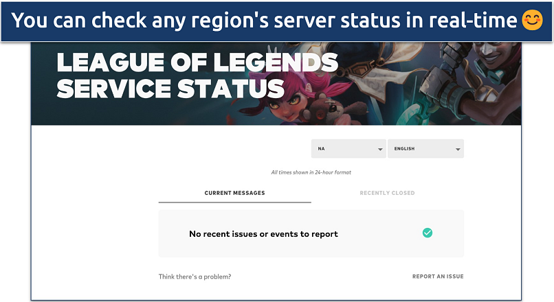 League of Legends service status dashboard showing no current server issues or maintenance