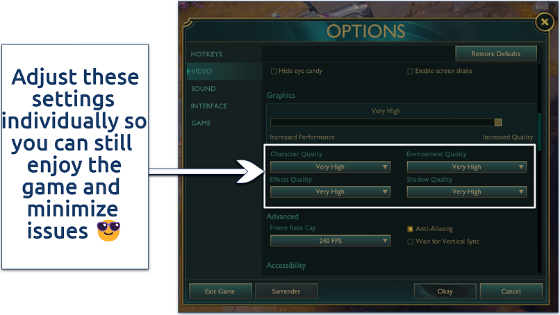 Screenshot of League of Legends' in-game Video settings menu