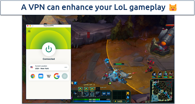 Screenshot showing ExpressVPN connected to New York server with League of Legends game in the background