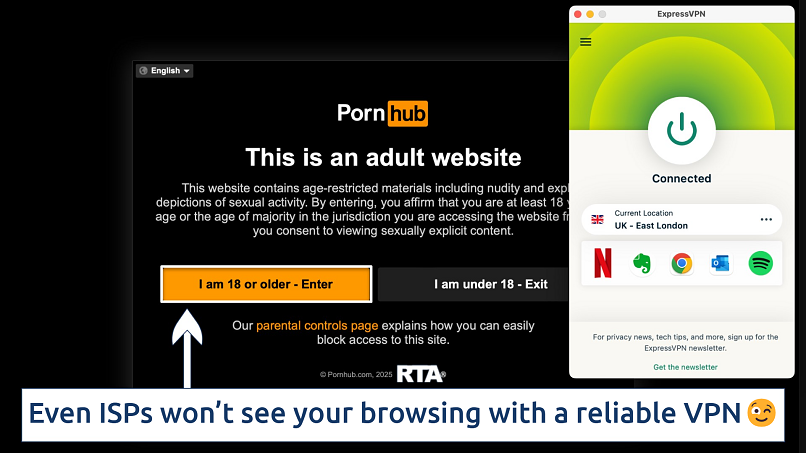 Screenshot showing the ExpressVPN app over the Pornhub homepage