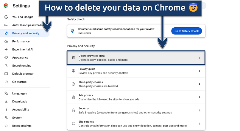 Screenshot showing how to delete your browsing data on Chrome browser