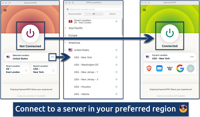 Screenshot showing the ExpressVPN server list and app